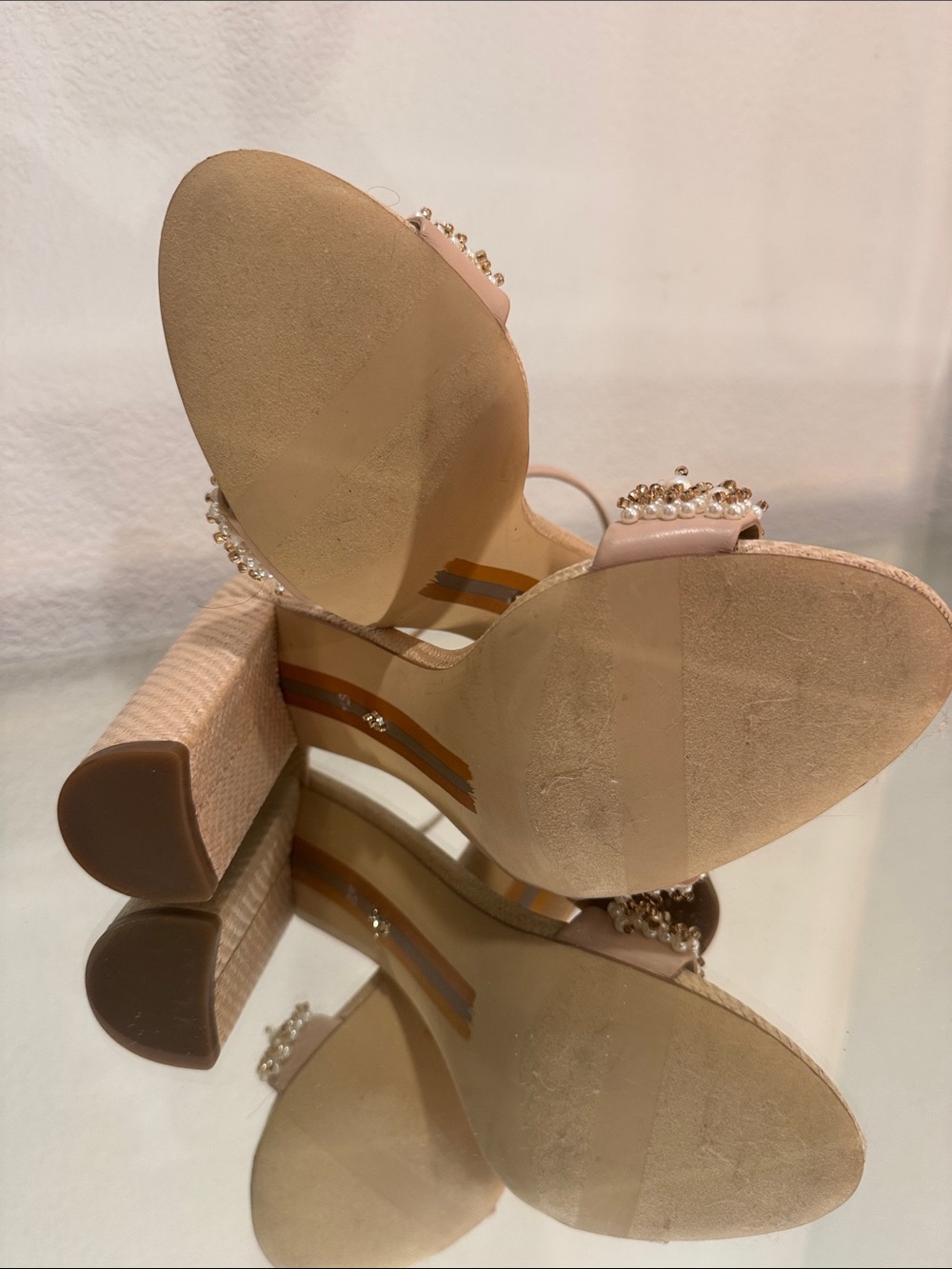 Sam Edelman Pearl-Embellished Ankle-Strap Block Heels in Blush - Picture 3 of 3
